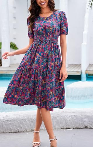 Image of Kormei Women Summer Casual Boho Floral Round Neck Short Sleeve Smocked Waist Tiered Flowy Swing Midi Dress