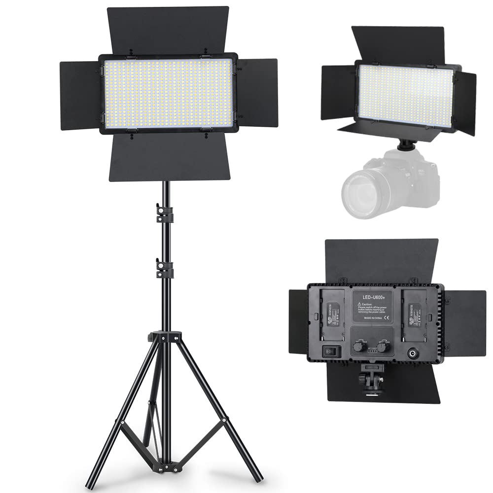 600LED Camera Light – 3200K-6500K Dimmable LED Panel with Stand, Rechargeable Battery & AC Adapter – Portable Studio Light for YouTube, Vlog, TikTok, Reels & Photography