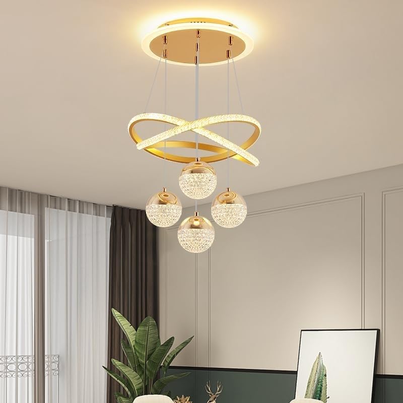 Stesulfr Modern LED Pendant Light Dimmable with Remote Control Chandelier Acrylic 4 Ball Lamp Shade Decorative Hanging Lamp Above Dining Table Suitable for Living Room Dining Room Office Bedroom(Gold)