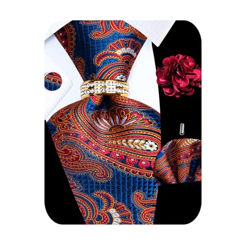 Image of 5PCS Mens Silk Tie, Pocket Square, Cufflinks, Drilled Tie Ring and Lapel Pin Set for Wedding Groom Party