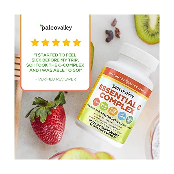 Paleovalley-Essential-C-Complex-Vitamin-C-Food-Supplement-with-Organic-Superfoods-for-Immune-Support-6-Pack-450-mg-per-Serving-No-Synthetic-Ascorbic-Acid-No-GMO-Fillers-or-Gluten Paleovalley Essential C Complex - Vitamin C Supplement for Immune Support - 6 Pack, 450mg - From Organic Superfoods Unripe Acerola Cherry, Camu Camu, Amla Berry - No Synthetic Ascorbic Acid - USA Made