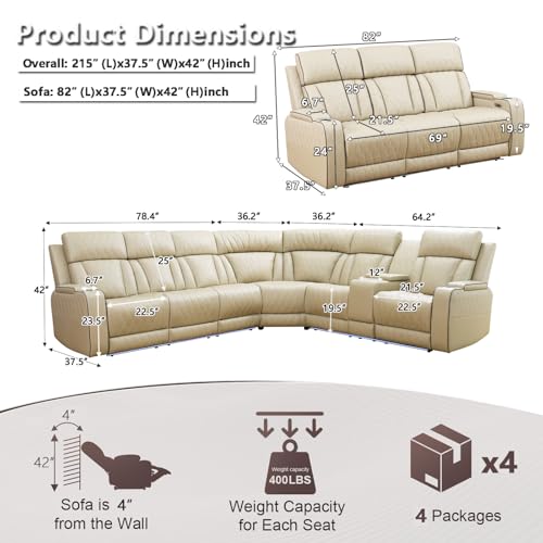 Image of Power Recliner Sectional Sofa Set with LED, Luxury Breathing Leather Reclining Corner Couch Set, 9 Seat L-Shaped Sofa Couch Set with 3 Seats Sofa, Cup Holders /Storage for Living Room