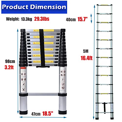 Aluminum Telescoping Ladder 16.4Ft Straight Extension Folding Ladder Portable Lightweight For Home Loft Office 330Lbs Load Capacity En131 Certificated With Anti-Slip Rubber Feet 13 Steps #TOP1