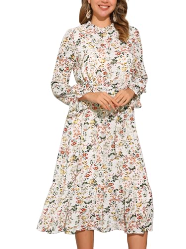 Image of Allegra K Fall Casual Floral Dress for Women 2025 Long Sleeve Crew Neck Chiffon Midi Tea Party Ruffle Dresses