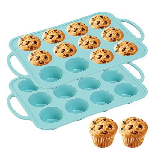 zmkele 2pack Silicone Muffin Pan 12 Cups Muffin Baking Mold With Reinforced Stainless Steel Frame Inside,BPA Free,Non-stick Bakeware Silicone Muffin Tray, Dishwasher Safe (blue)