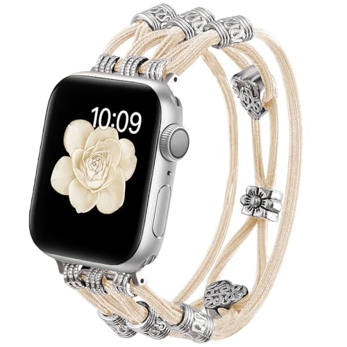 �r�[�Y�u���X���b�g Apple Watch�o���h 38mm 40mm 41mm 42mm (S10) ���f�B�[�X Boho �ґg�\�����[�v �i�C�����X�g���b�v �h���b�V�[�o���h �L���[�g �t�@���V�[ �`���[�� iWatch Series 10/9/8/SE