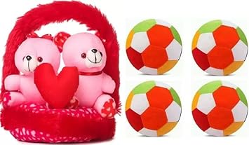 Stuffed Soft Couple-Basket Teddy & Small Balls(4) Combo for Someone Special/Kids - 30 cm (red & Pink, Multicolor)