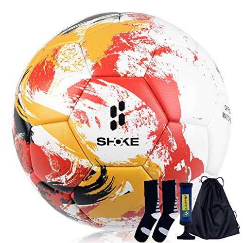 SHOKE Soccer Ball Size 5 Teens Sports Soccer Training Ball for Kids Aged 5 6 7 8 9 10 11 12 13, Teens, Girls, Boys, Children, Youth, Christmas, Birthday a Soccer Ball with Pump and Mesh Bag-Red Yellow
