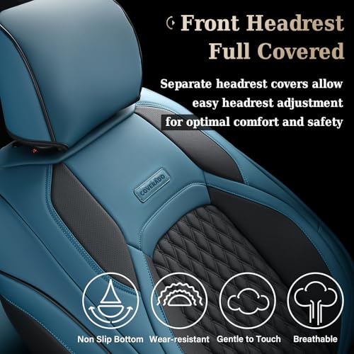 Image of Coverado Waterproof Faux Leather Seat Covers Full Set for Ford F150 2015-2026 SuperCrew & F250 F350 F450 2017-2026 Crew Cab, Compatible with XL XLT Lariat King Ranch, Blue Interior Truck Accessories