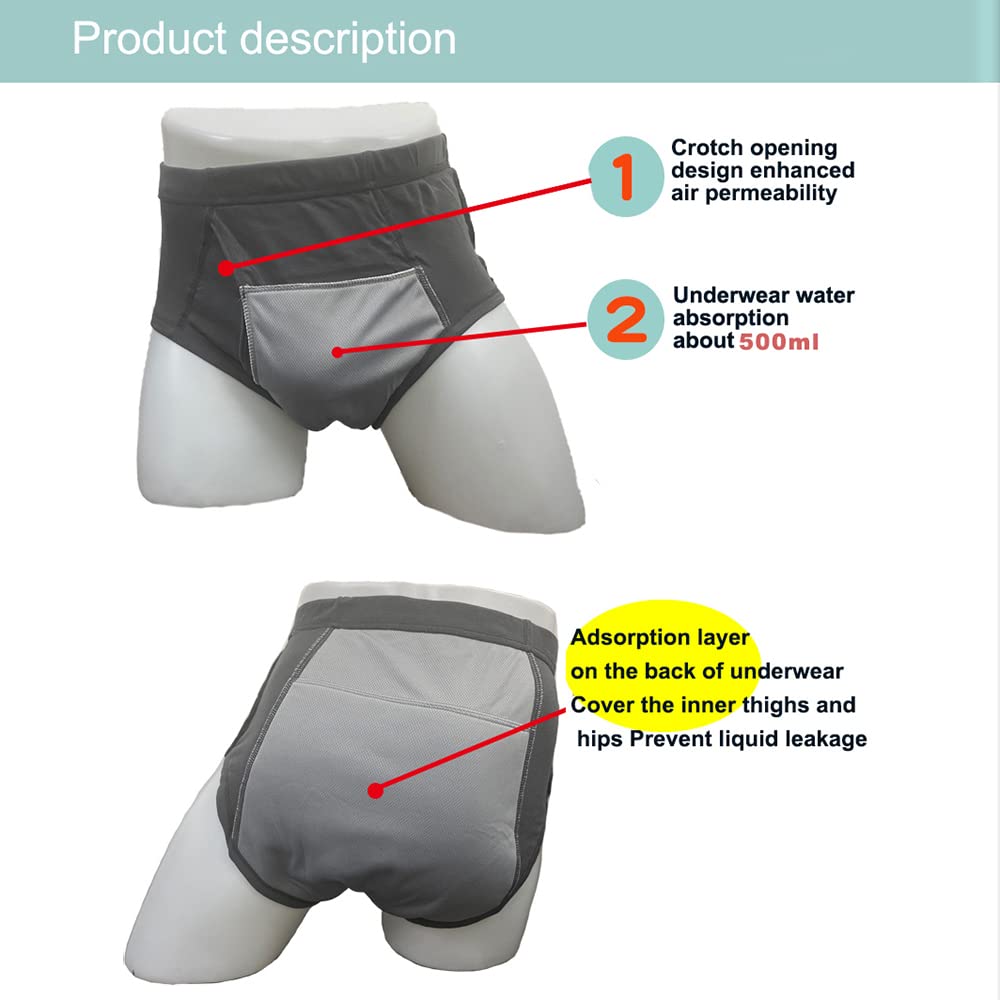 Men's Washable Incontinence Shorts Open Underwear Adults Patient Reusable Breathable Pant Diapers for Adults Prostate 500ml (Large, Black)