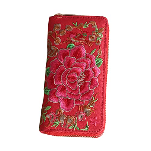 Women's Wallet Ethnic Style Coin Purse Clutch Bag Multifunctional Wallet Large Capacity Card Bag Travel with Long Wallet (Red)