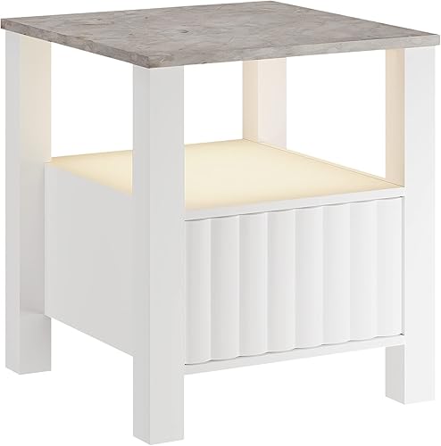Miniatura 9 de Juego de 2 mesas auxiliares con luz LED, mesas auxiliares pequeñas con mesa de mármol sintético y armario de almacenamiento, mesita de noche moderna