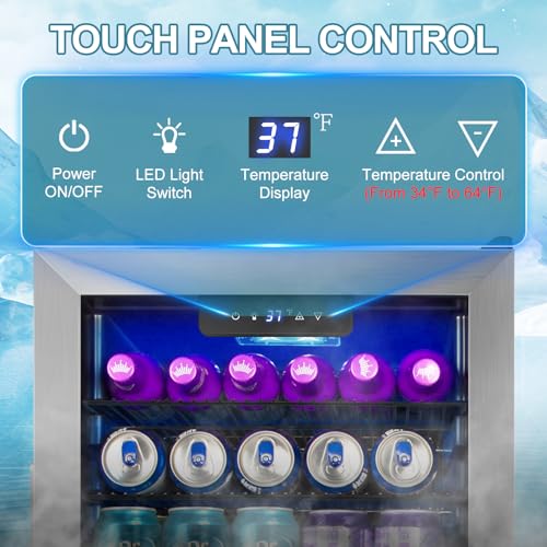 Beverage Refrigerator Cooler, 128 Cans Mini Fridge Glass Door for Drink Beer Soda Wine, 3.2 Cu.Ft Small Fridge for Kitchen Bedroom Office Bar, with 4 Adjustable Removable Shelves, Stainless Steel