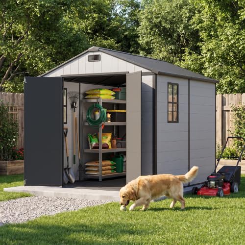 Image of Greesum 8x8FT Resin Shed with Floor, All-Weather Resistance, Light Gray | All-Weather Protection (Rain /Snow /UV) | Sloped Leak-Proof Roof | Heavy-Duty Reinforced Base | Lockable & Well-Ventilated
