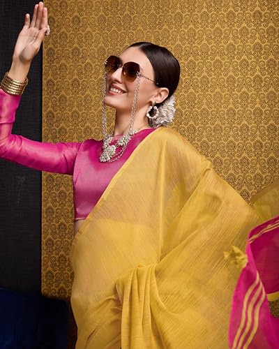Image of SWORNOF Women's Linen Cotton Silk Saree with Unstitched Blouse Piece | Saree for Women | Saree with Blouse Piece | Soft and Skin Friendly