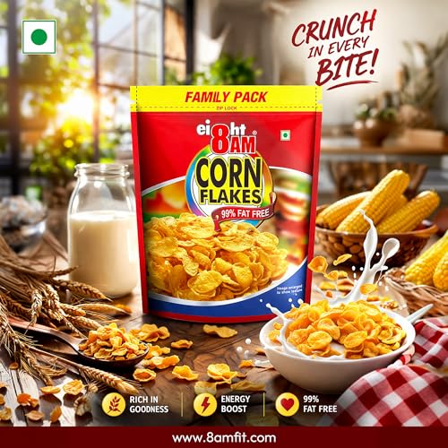 Image of 8AM Cornflakes Family Pack 1 Kg (Pack Of 2), 92% Corn, 99% Fat Free, No Cholesterol, Trans Fat, Vitamin B3 & Iron, Crunchy & Nutritious Whole Grain Breakfast Cereal