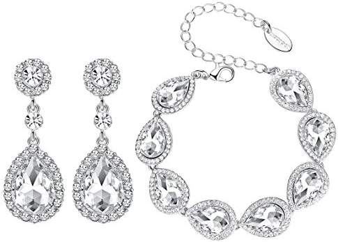mecresh Flower Teardrop Clear Austrian Crystal Jewelry Sets for Women or Bridesmaids 2022 Fashion Jewelry(1 Set Earring,1PCS Bracelet)