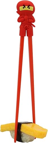 Ebros Gift Red Ninja - Juego de palillos de entrenamiento reutilizables con guía de bisagra de silicona segura para alimentos animados para sushi,