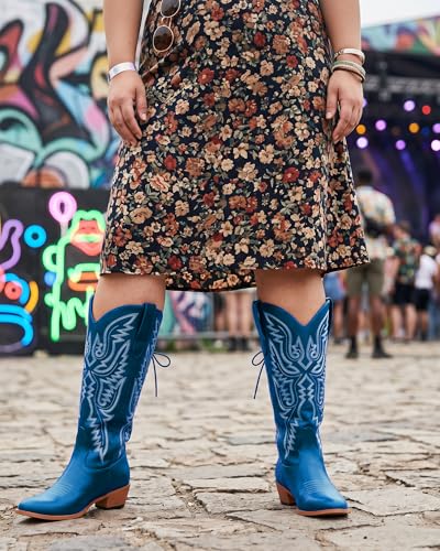 Image of Uillnoodu Wide Calf Cowboy Boots Women Adjustable Lace Up Knee High Tall Plus Size Cowgirl Boots Western Style Comfortable 2-Inch Heel