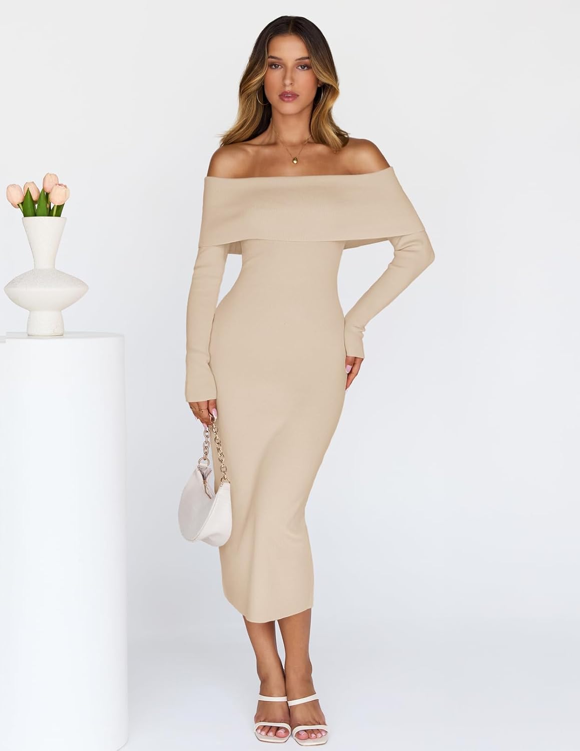 MEROKEETY Women's Winter Off Shoulder Bodycon Sweater Dress 2026 Spring Formal Long Sleeve Elegant Club Party Midi Dresses - Image 3