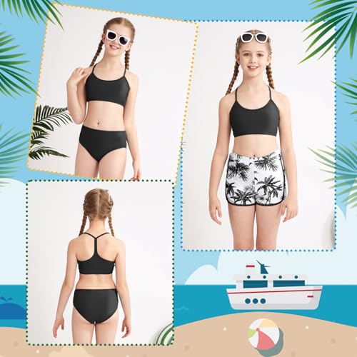 Weixinbuy Girls 3 Piece Swimsuit Bathing Suits Solid Bikini Set with Printed Sports Shorts Swimwear for 9-16Y Teen Girls4