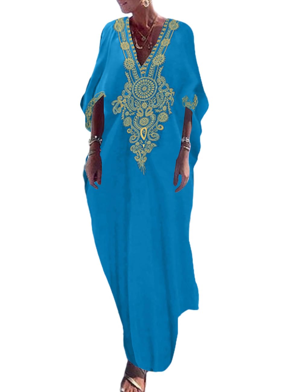 Bsubseach Gold Embroidery Long Kaftan Dresses V Neck Caftan Dress Beach Cover Ups for Women Embroidery