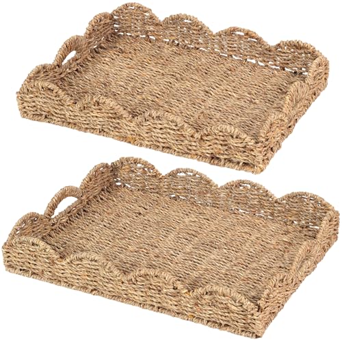 2Pcs - Scalloped Basket, Decorative Basket, Seagrass Tray (17 x 13 x 3 inch - 2Pcs) with Scalloped Edge and Built-in Handles, Rectangle Serving/Rattan/Wicker/Woven/Basket Tray