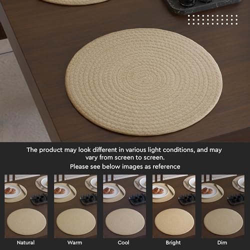 Image of Dining Table Mats Set of 6 | Cotton Table Mat 32 cm Diameter, Encasa XO Washable Round Table Mats, Heat Resistance Dining Table Placemats, Handmade Ribbed Style for Centre Table, Beige Mix Combo