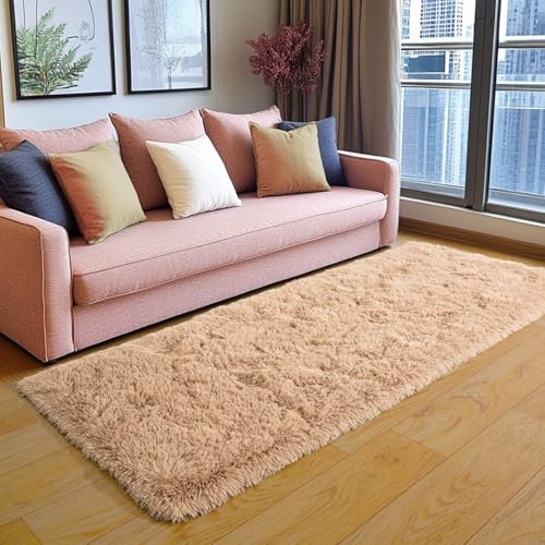 KING DARE 2x6 Runner Rug for Bedroom, Fluffy Shaggy Beige Rugs for Dorm, Fuzzy Shag Non-Slip Washable Soft Plush Carpet for Bedside Girls Boys Kids Room Decor