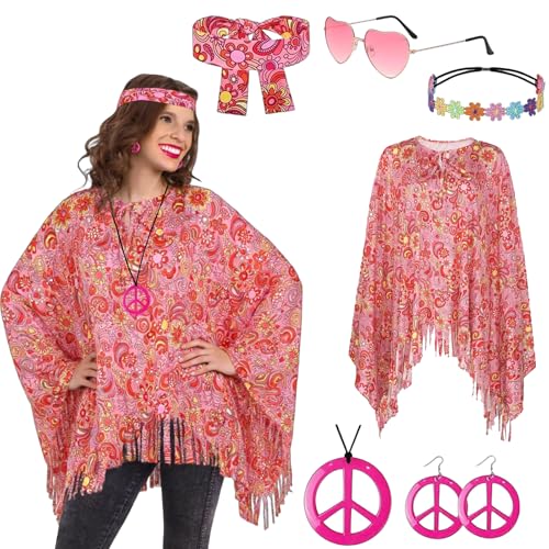 Mino Plus 6PCS deguisement hippie femme,avec Accessoires Hippie Année,60 70 Costume Hippie Femme Adulte Déguisement Année 70 Tenue Déguisement Disco...
