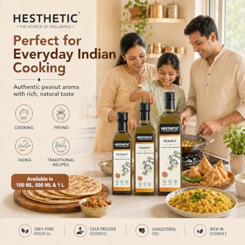 Image of HESTHETIC Cold Pressed Peanut (Groundnut) Oil 100ml | Pure Moongfali Ka Tel | Unrefined Food-Grade Cooking Oil, Rich in MUFA | Glass Bottle | Ideal for Indian Cooking