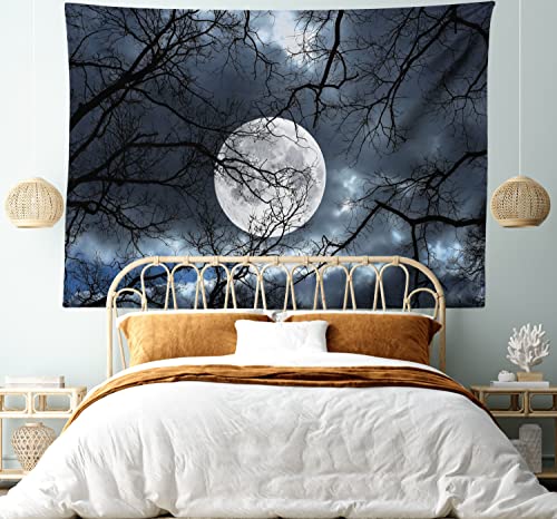 Ambesonne Forest Tapestry, Full Moon At Night In Forest Winter Time Dramatic Days Lunar Photo Composition, Wide Wall Hanging For Bedroom Living Room Dorm, 60" X 40", Blue Black Yellow #TOP6