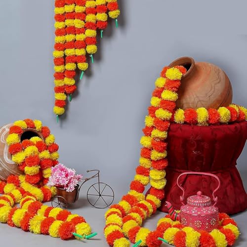 Image of Artificial Marigold Flower Garlands, (Pack of 20) 50 Inches Marigold Strings for Diwali, Pooja, Wedding, Festival, Housewarming, Mandir, Wall, Door, Home Decor - Yellow & Dark Orange