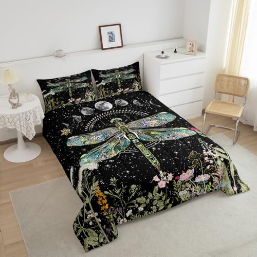 Image of Wildflower Dragonfly Bedding Set Inner Fill for Boys Girl Twin,Moon Phase Botanical BKids Comforter Vintage Plant Nature Blossom Leaf Floral Garden Herbs Leaves Comforter Set,Bohemian Quilt Set Decor