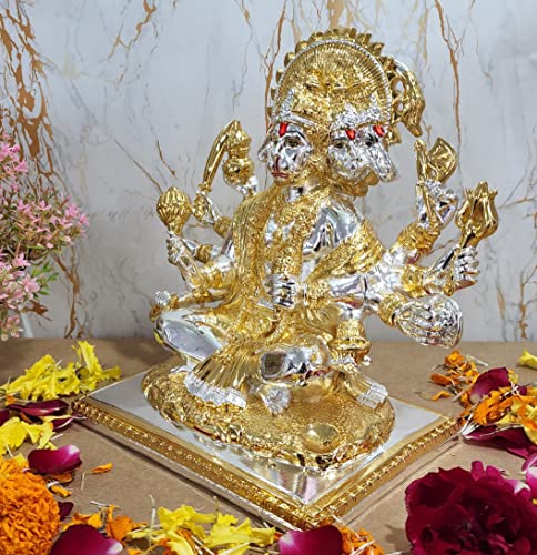 Image of Gold Art India Gold and Silver Plated Panchmukhi Hanuman Idol | Bajrang Bali Murti for Mandir | with Enamel Work Showpiece Figurine for Home Temple, Gifting(23L x 18W x 23H cm)(GOLDSILVERTWOTONE)