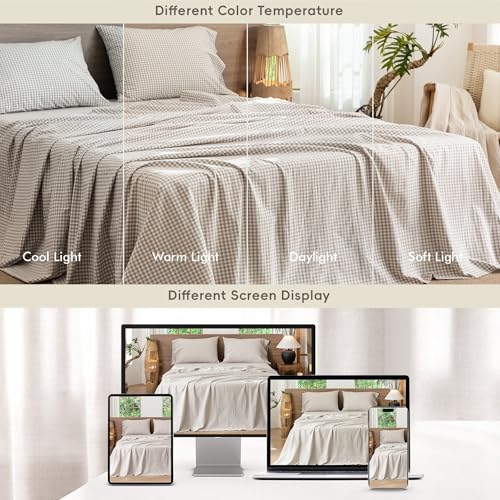 Image of MooMee Gingham Sheet Set 100% Washed Cotton Linen Like Textured Breathable Soft w /Fully Elasticized 16-19 inch Deep Pocket (Mini Gingham Tannish Linen Grey, Queen)