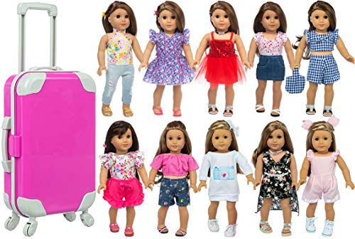ZITA ELEMENT American 18 Inch Girl Doll Accessories Suitcase with 10 Sets Doll Clothes for 18 Inch Dolls My Our Life Generation American Doll Girl Doll Clothes Dress and Accessories Storage Gift
