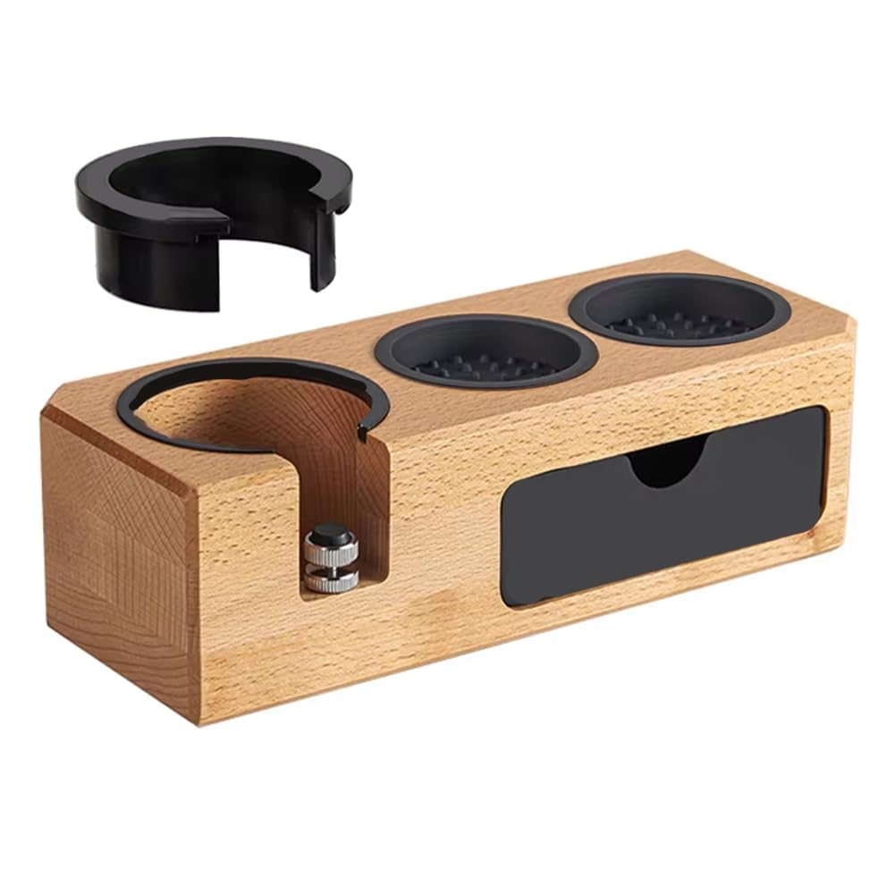 Estación de prensado para expreso con soporte de madera, adecuada para portafiltros de 51 mm a 58 mm, incluye 3 orificios para prensadores y niveladores A