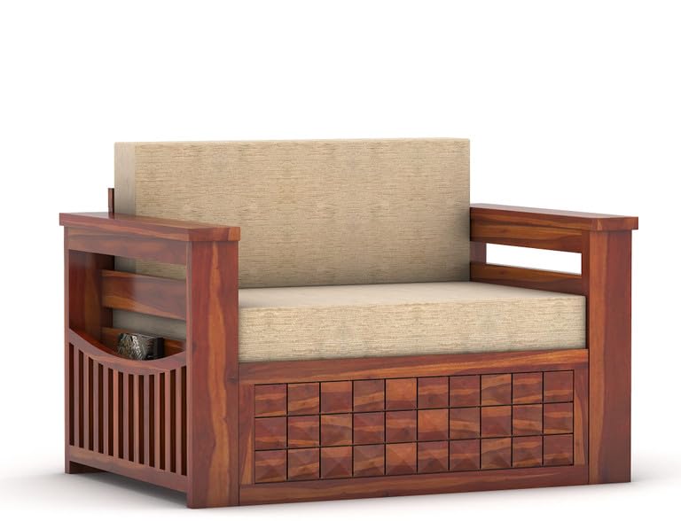 Image of Solid Sheesham Wood Sofa Cum Bed 2 Seater | Wooden Foldable Double Bed for Living Room with Headboard & Storage | Bed Cum Sofa with Mattress for Home | Diamond Design (Honey Finish)