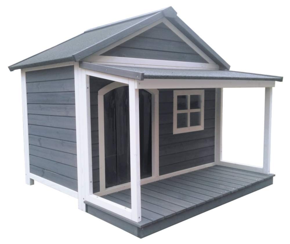 Outdoor Hundehütte Massivholz, isoliert, Satteldach, 130x118x108 | Mit praktischem Vordach, Terrasse und Fenster für mehr Komfort und Schutz.