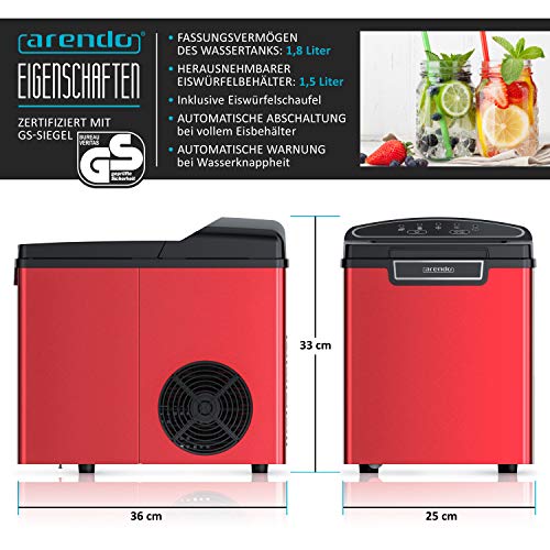 Arendo - Eiswürfelmaschine Edelstahl - Eiswürfelbereiter - Ice Cube Maker Maschine - 1,8 Liter - Eiswürfelautomat - Eismaschine mit Kühlung - Eiswürfel Größen Klein + Groß - ABS - BPA frei - Rot – Bild 3
