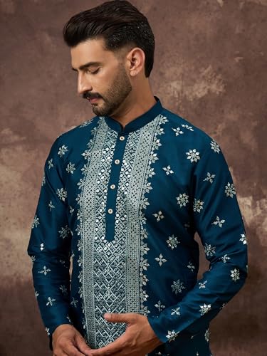 Image of Men's Solid Calf Length Silk Blend Embroidered Kurtas | Men | Kurtas for Mens | Straight Fit Kurta for Men's