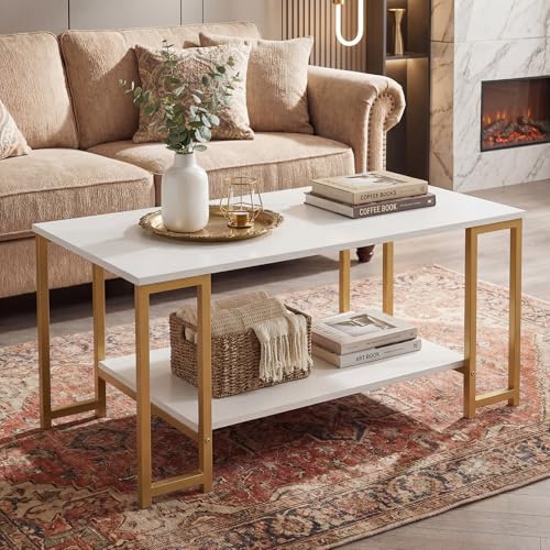 Giantex 2-Tier Coffee Table with Storage 39.5 Rectangular Center Table with Heavy-Duty Metal Frame Modern Accent Cocktail Table Living Room Tables for Small Spaces (Gold & White)
