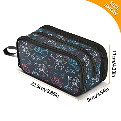 Image of Pencil Case Big Capacity Gaming Gamepad Pattern Handheld 3 Compartments Pencil Pouch Portable Large Storage Canvas Pencil Bag for Boys Girls Adults Students