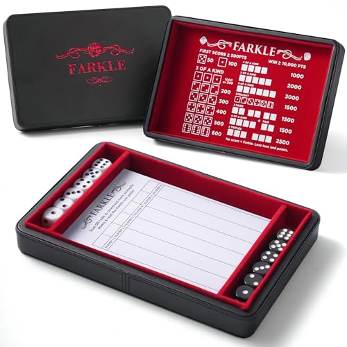 Soar Forge Deluxe Farkle Dice Tray and Storage - Elegant Faux Leather Travel Case with Score Sheets 2 Sets of Dice & Velvet Lined Rolling Arena for Many Classic Games (Crimson Red)