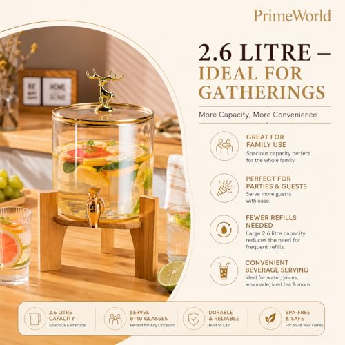 Image of PrimeWorld 1 Pc 2.6 LTR Glass Water Beverage Dispenser with Wooden Stand - Air Tight Lid Glass Pitcher for Detox Water - Mason Jar - Counter Table Top Juice Beer Dispenser for Home Restaurant Party