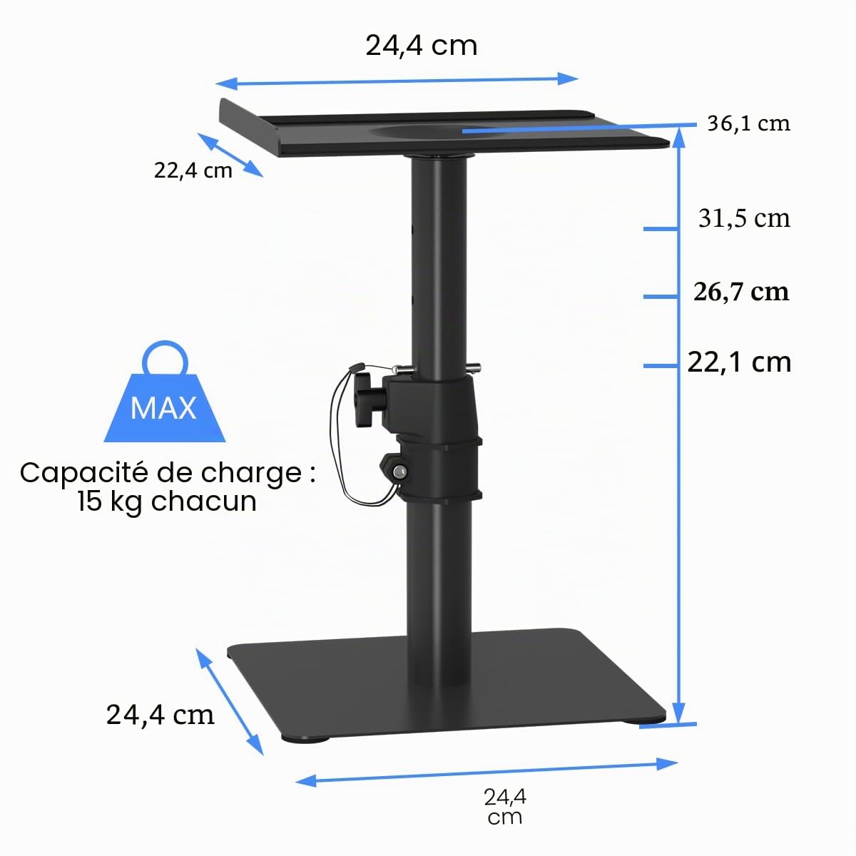 Suptek Universel Pieds Enceintes, Support d'enceinte Autonome pour Bureau, Plateaux de 9,6 x 8,8 Pouces, Réglage de La Hauteur et de l'inclinaison, Supports Audio Universels, Lot de 2, Noir, SDM001T