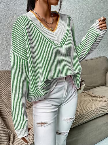Image of Cakulo Womens Fall 2025 Oversized Striped V Neck Sweaters Long Sleeve Knit Color Block Trendy Pullover Sweater Top