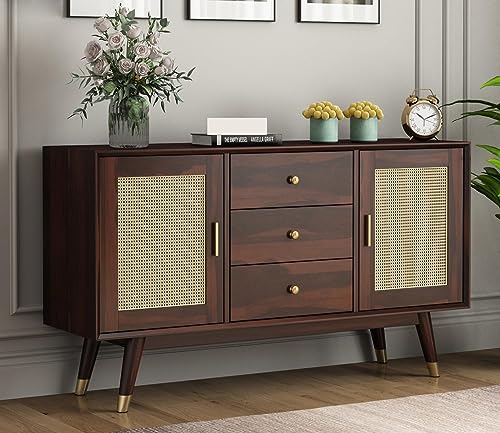Image of SHIKHA WOOD CRAFT Solid Sheesham Wood Sideboard Cabinet With 3 Drawers and 2 Rattan Cane Doors | Multipurpose Wooden Storage Organizer Furniture for Kitchen, Living Room, Bedroom, Home (Walnut Finish)