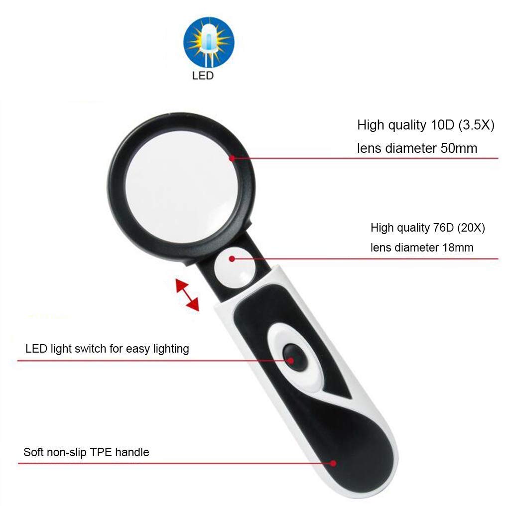 Lupa de Mano iluminada 3,5X 20x para Leer Libros Lupa telescópica Doble tasa Led portátil de Vidrio de Mano